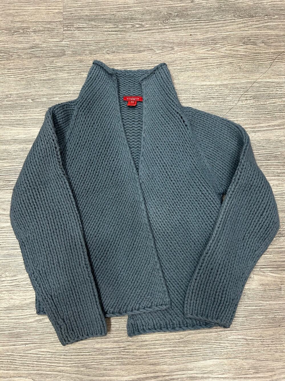 Sundance 100% Merino Lambswool Chunky Knit Cardigan Sweater Blue Gray PM Petite